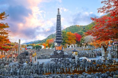 Japonya 'nın Kyoto kentinde sonbaharda güzel yeşillikleri olan Adashino Nenbutsuji tapınağının manzarası.