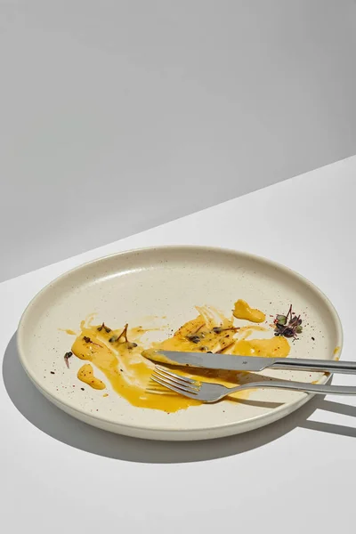 Dirty Plate Meal Yellow Sauce Eaten — Stock Photo, Image