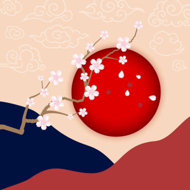 Japonya 'nın Soyut Arkaplan Manzarası, Çiçeklerle Çiçek Açan Sakura Dalları ve Kızıl Güneş. Vektör illüstrasyonu