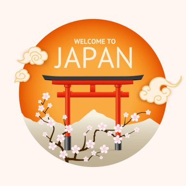 Japon Geleneksel Kırmızı Torii Kapısı ve Çiçekli Çiçeklerle Çiçek Açan Sakura Şubesi 'nin de dahil olduğu üç boyutlu gerçekçi detay içeren Japon Kavramı. Vektör illüstrasyonu