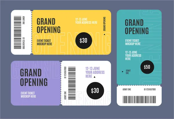 Dettagliato Realistico Grand Opening Event Ticket Mockup Set Grey Illustrazione — Vettoriale Stock