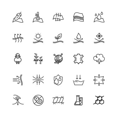 Kumaş Özellikleri Siyah İnce Çizgi Simgesi Seti 'nde Membrane, Pamuk ve Yün bulunmaktadır. Tekstil Bilgi Simgelerinin Vektör illüstrasyonu