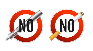 Realistic Detailed 3d No Smoking and Vaping Forbiddance Concept Set Stop Sign with Cigarette and E-cigarette. Vector illustration clipart