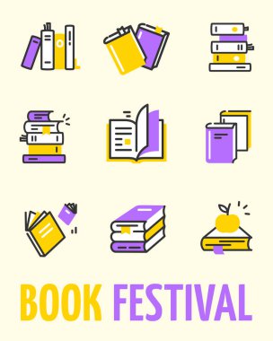 Kitap Festivali Davetiye Pankartı Poster Afiş Şablonu Farklı İnce Satır Elementleri. Olayların Vektör illüstrasyonu