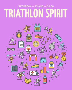 Marathon Triatlon Ruh Konsepti Dikey Davet Pankartı Poster Pankartı Şablonu. Spor Malzemeleri, Gözlükler, Giysiler ve Ayakkabılar