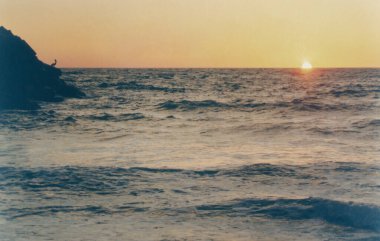 Gün batımında avını bekleyen bir pelikanın analog görüntüsü.