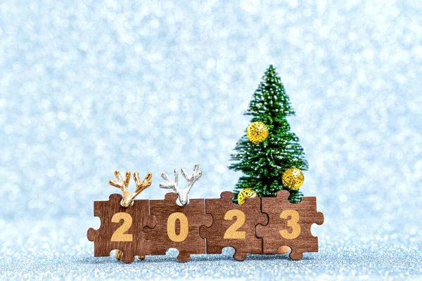 Jigsaw Puzzle Reading 2023 Toy Christmas Deers Miniature New Year — Stock Photo, Image