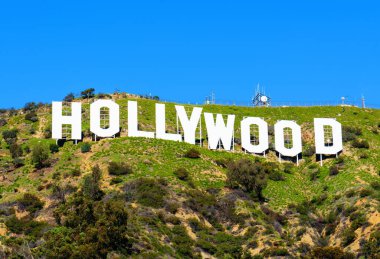LOS ANGELES, CALIFORNIA - JANUARY 17, 2023: Hollywood Sign close-up on blue sky background