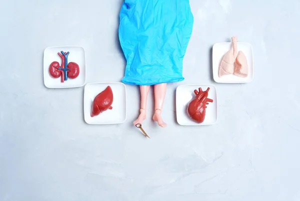 Doll covered with a blue surgical glove and trays of toy human organs. Visual aid for discussing post mortem examination or forensic investigation.