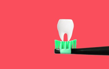 Siyah elektrikli diş fırçasının üzerine yerleştirilmiş büyük bir diş modeli. Kırmızı arka planda izole edilmiş..