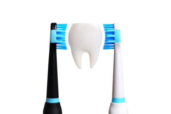 大的牙齿模型放置在黑白电刷之间的白色背景上 这种牙刷有蓝色的刷毛 能够突出牙齿模型 牙科护理概念 — 图库照片
