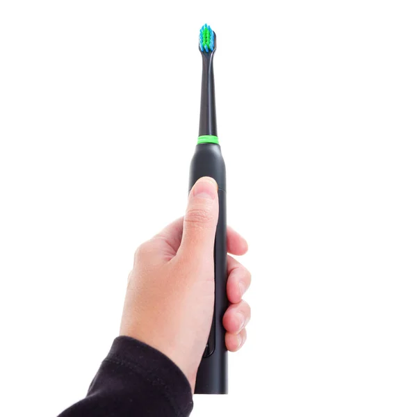 Close Black Green Electric Toothbrush Hand Isolated White Background — Stock Photo, Image