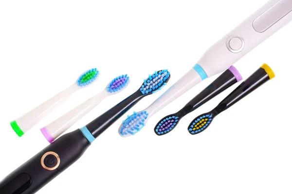 Black White Electric Toothbrushes Accompanied Set Color Matching Brush Heads — Stock Photo, Image