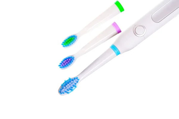 Close View White Electric Toothbrush Three Brush Heads Isolated White — Stock Photo, Image