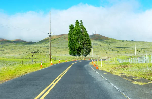 ハワイのマウナケア山脈の自然の美しさ それを囲む緑豊かな丘を通る曲がりくねった道 — ストック写真