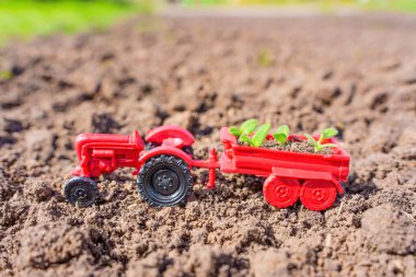 Karavanında bir sürü genç bitki taşıyan kırmızı oyuncak traktör, yeni sürülmüş tarım arazisinde duruyor, çiftlikteki bahar çalışmalarını temsil ediyor..