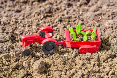 Tarım yatırımı: Oyuncak traktörü karavanında genç bitkiler taşıyor, yeni sürülmüş topraklarda duruyor, tarım sektöründe başarılı yatırım potansiyelini vurguluyor.