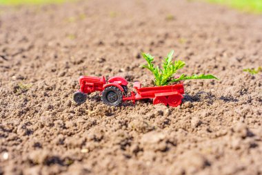 Kırmızı oyuncak traktör taze sürülmüş toprakta duruyor. Karavanında taze bitki yaprakları var. Bahar kentlerinin yeşillenmesi kavramını temsil ediyor..