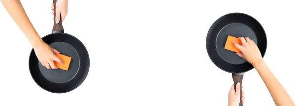 Вид Обрізання Жіночих Рук Очищення Сковорідок Помаранчевими Губками Ізольовані Білому — стокове фото