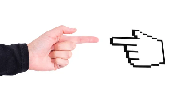 指のジェスチャーと手の形をしたコンピュータのマウスポインタを指して どちらもきれいな白い背景に隔離されています — ストック写真