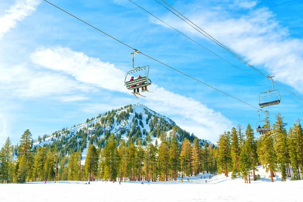 美しい青空と雪に覆われた山々に対して松の木の上に高いリフト輸送スキーヤー — ストック写真