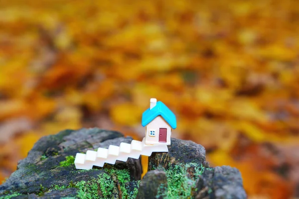 Sonbahar Ormanında Ağaç Kütüğüne Yerleştirilmiş Beyaz Merdivenli Minyatür Heykelciği — Stok fotoğraf
