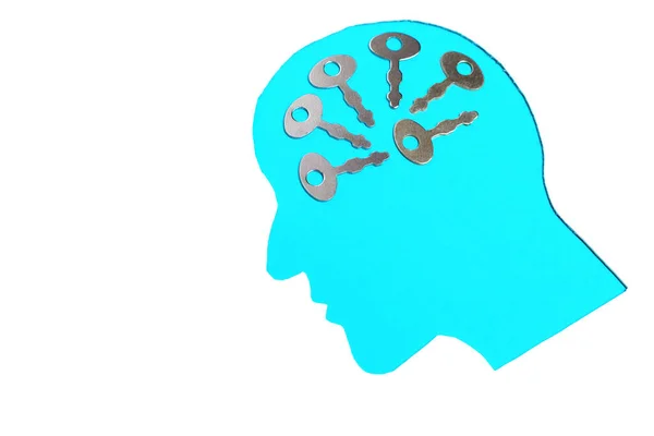 頭の代わりに脳の6つの金属キーで切り取られた青い男性の頭のプロフィール紙 創造性 革新性 精神的能力関連の概念 — ストック写真