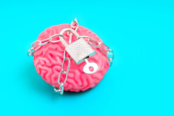 stock image Close-up of a jelly-like human brain model confined by chains and secured with a padlock isolated on blue background. The concept of being mentally 