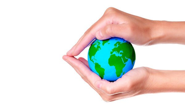 Concept of global conservation as a small globe is delicately held between hands shaped like a protective shelter isolated on white background.