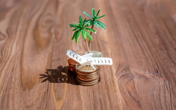 Montones Monedas Una Tumbona Playa Juguete Bajo Palmeras Miniatura Colocadas — Foto de Stock