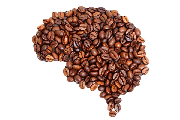 Beyaz Arka Planda Kavrulmuş Kahve Çekirdeklerinden Yapılmış Insan Beyni Şekli — Stok fotoğraf