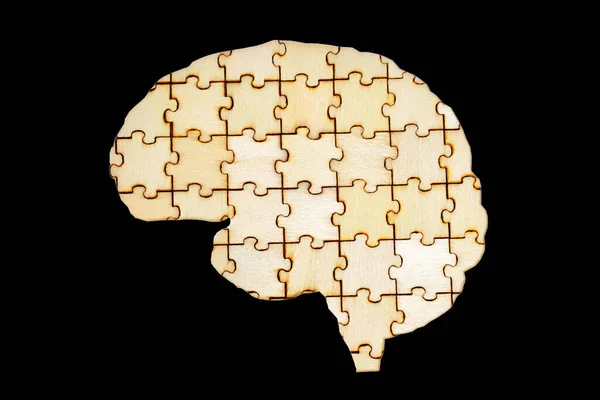 一个人脑的特写是用黑色的相互关联的木制拼图做成的 关于大脑的复杂性质及其功能的相互关联性的隐喻说明 — 图库照片