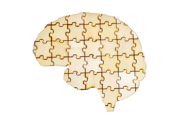 stock image Close-up view of a human brain created with interlocking wooden puzzle pieces. Conceptual representation of intelligence, problem-solving, and the complexity of the mind.