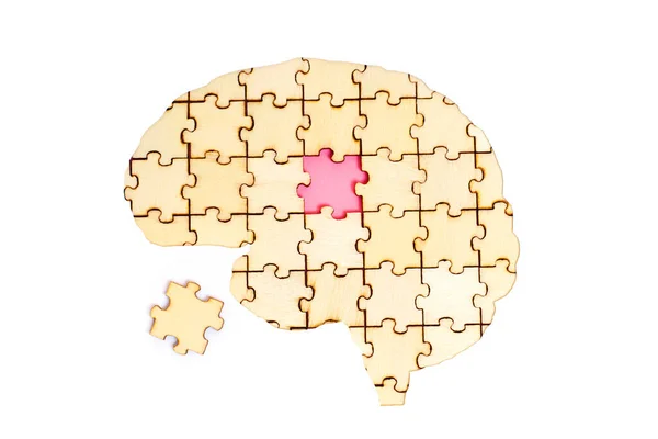 stock image Human brain shape made from wooden puzzle pieces with the final element yet to be placed. Quest for knowledge and the constant search for answers.