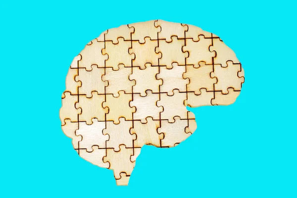 木制锯齿状拼图块排列成人脑形状 蓝色背景隔离 解决问题和思想复杂性概念 — 图库照片