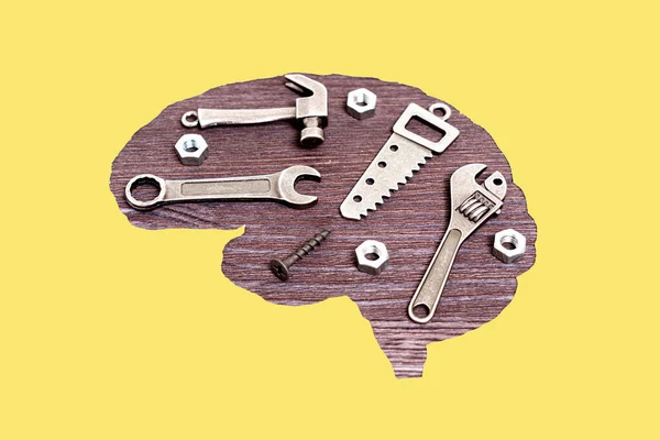 Brain Shaped Paper Cutout Showing Miniature Replicas Essential Hand Tools — Stock Photo, Image