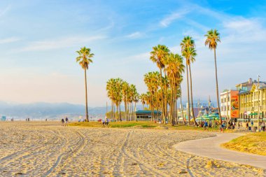 Los Angeles, California - 29 Aralık 2022: Venedik Sahilinin Sahne Manzarası - Sahil Hattı, Binalar, Uzun Palmiye Ağaçları ve Açık Mavi Gökyüzü