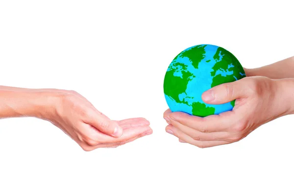 Verdant Globe Moves One Pair Hands Another Symbolizing Continuity Care — Stock Photo, Image