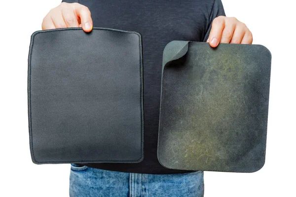 Person Demonstrates Brand New Clean Mouse Pad Close Well Used — Stock Photo, Image