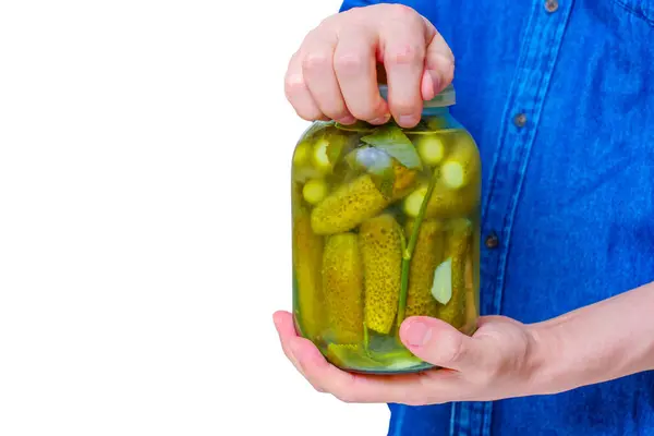 Close Denim Clad Person Opening Misty Jar Pickled Cucumbers Isolated — Stock Photo, Image