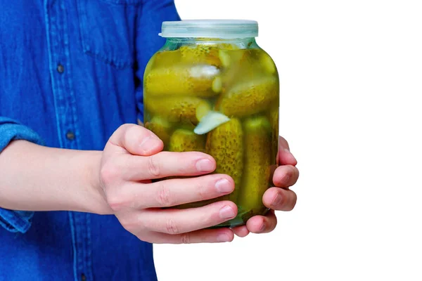 Pair Hands Cradle Glass Jar Filled Crisp Marinated Cucumbers Isolated — Stock Photo, Image
