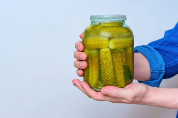 Pair Hands Gently Holding Misty Glass Jar Filled Marinated Cucumbers — Stock Photo, Image