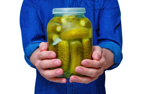 Denim Clad Person Extends Mist Covered Jar Marinated Cucumbers Camera — Stock Photo, Image