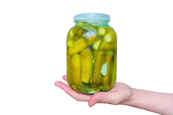 Hand Holds Jar Pickled Cucumbers Isolated White Background — Stock Photo, Image