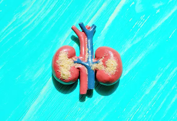 Anatomical model depicting human kidneys with sand-like particles, symbolizing renal health and potential issues.