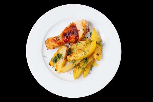 Homemade Culinary Delight Plate Baked Chicken Drumstick Seasoned Potatoes Topped — Stock Photo, Image