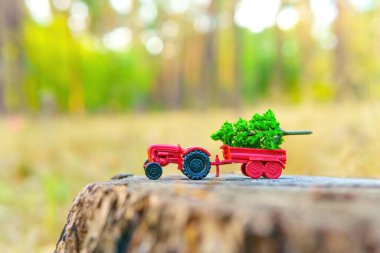 Oyuncak traktör, ormanın ortasında eski bir ağaç kütüğünün üzerinde tünemiş küçük yeşil bir ağaç taşıyor. Endüstriyel günlük tutma kavramı.