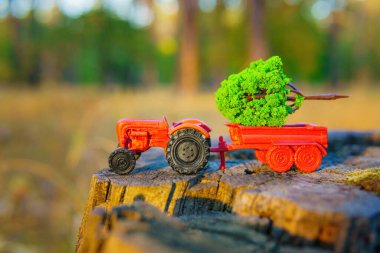 Minyatür oyuncak traktörü ağaçlık alanda bir kütüğün üzerinde duruyor, yatağında küçük bir ağaç taşıyor..