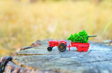 Oyuncak traktörün yatağında kurumuş ağaç kütüğüne park etmiş minyatür yeşil bir ağaç olan küçük bir orman sahnesi. Ormansızlaştırma sürücüleri konsepti.