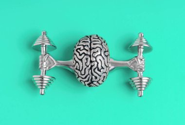 Detaylı bir insan beyni modelinin deniz mavisi arka planında ağır dambılları yükselten yakın görüntüsü. Yaratıcı zihinsel güç geliştirme konsepti.